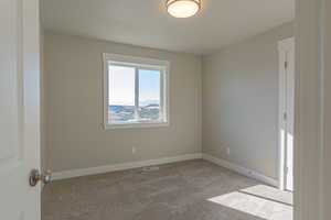 Unfurnished room featuring baseboards and light colored carpet