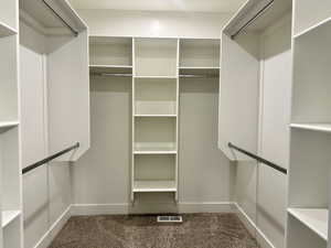 Walk in closet with dark colored carpet