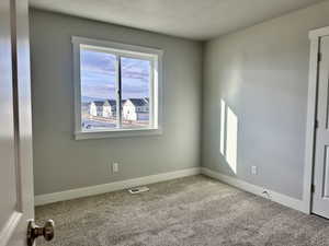Unfurnished room featuring carpet flooring and a textured ceiling