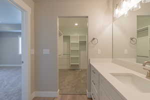 Full bathroom featuring a walk in closet, light wood-type flooring, and vanity