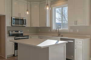 Kitchen with appliances with stainless steel finishes, a kitchen island, white cabinetry, hanging light fixtures, and wood finished floors
