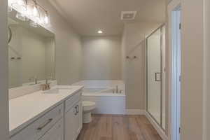 Full bath featuring dark wood-type flooring, a garden tub, vanity, a stall shower, and recessed lighting