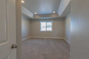 Unfurnished room with light carpet, recessed lighting, a raised ceiling, and a textured ceiling