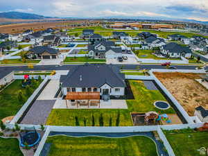 Aerial view of residential area with a mountainous background