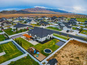 Aerial perspective of suburban area featuring mountains