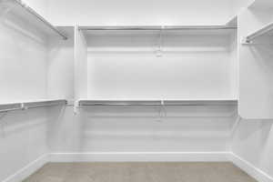 Spacious closet featuring light colored carpet