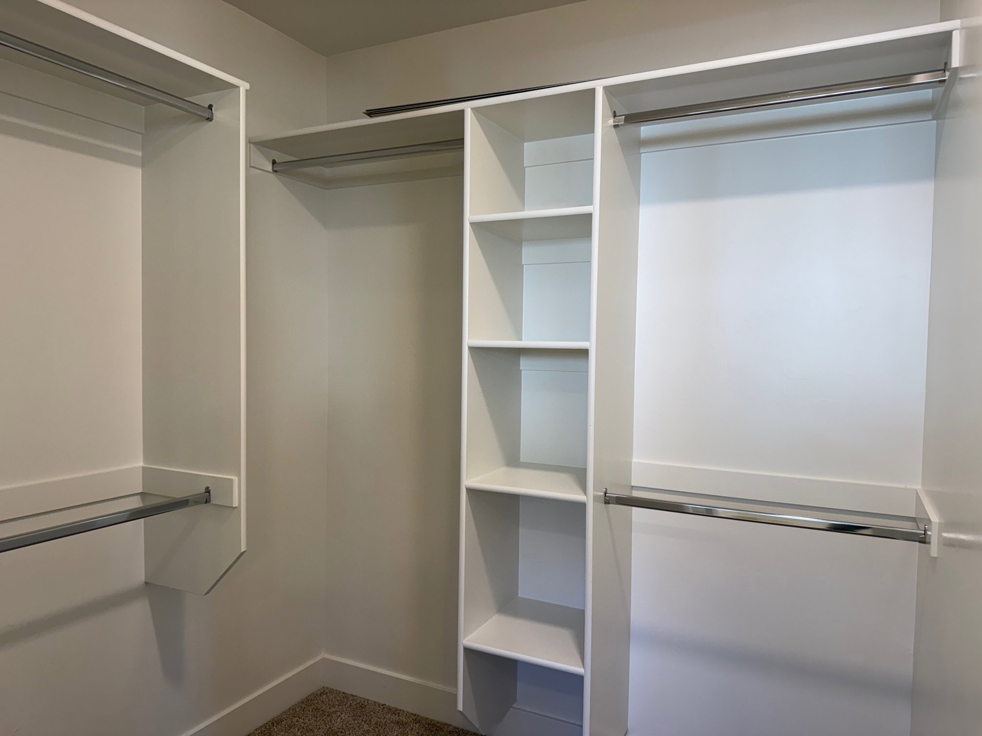 Spacious closet featuring dark colored carpet