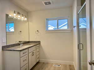 Primary bath featuring vanity, light wood-type flooring, and a shower stall