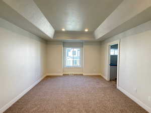Primary bedroom featuring light colored carpet, healthy amount of natural light, a tray ceiling, a textured ceiling, and recessed lighting