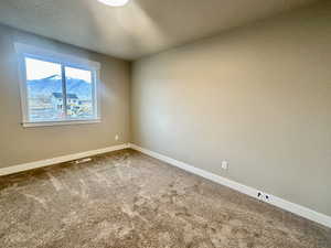 Carpeted empty room with baseboards and a textured ceiling