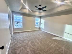 Carpeted empty room with a raised ceiling, a textured ceiling, and ceiling fan