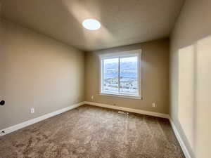 Spare room with a textured ceiling and carpet