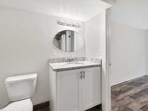 Full bathroom with a textured ceiling, vanity, and dark wood-style floors