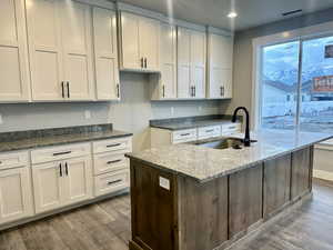 Kitchen with dark stone counters, white cabinetry, dark wood-style flooring, a kitchen island with sink, and recessed lighting