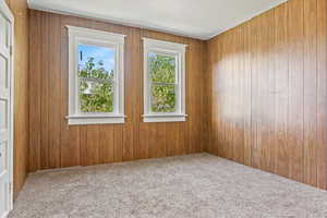 Carpeted empty room featuring wooden walls