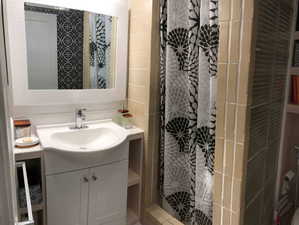 Bathroom with vanity and a stall shower
