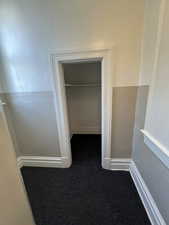 Walk in closet featuring dark colored carpet