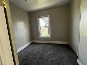 Spare room with dark colored carpet and wooden walls