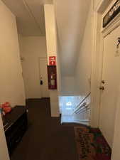 Corridor with dark carpet and a textured wall