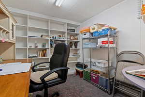 Home office featuring dark carpet