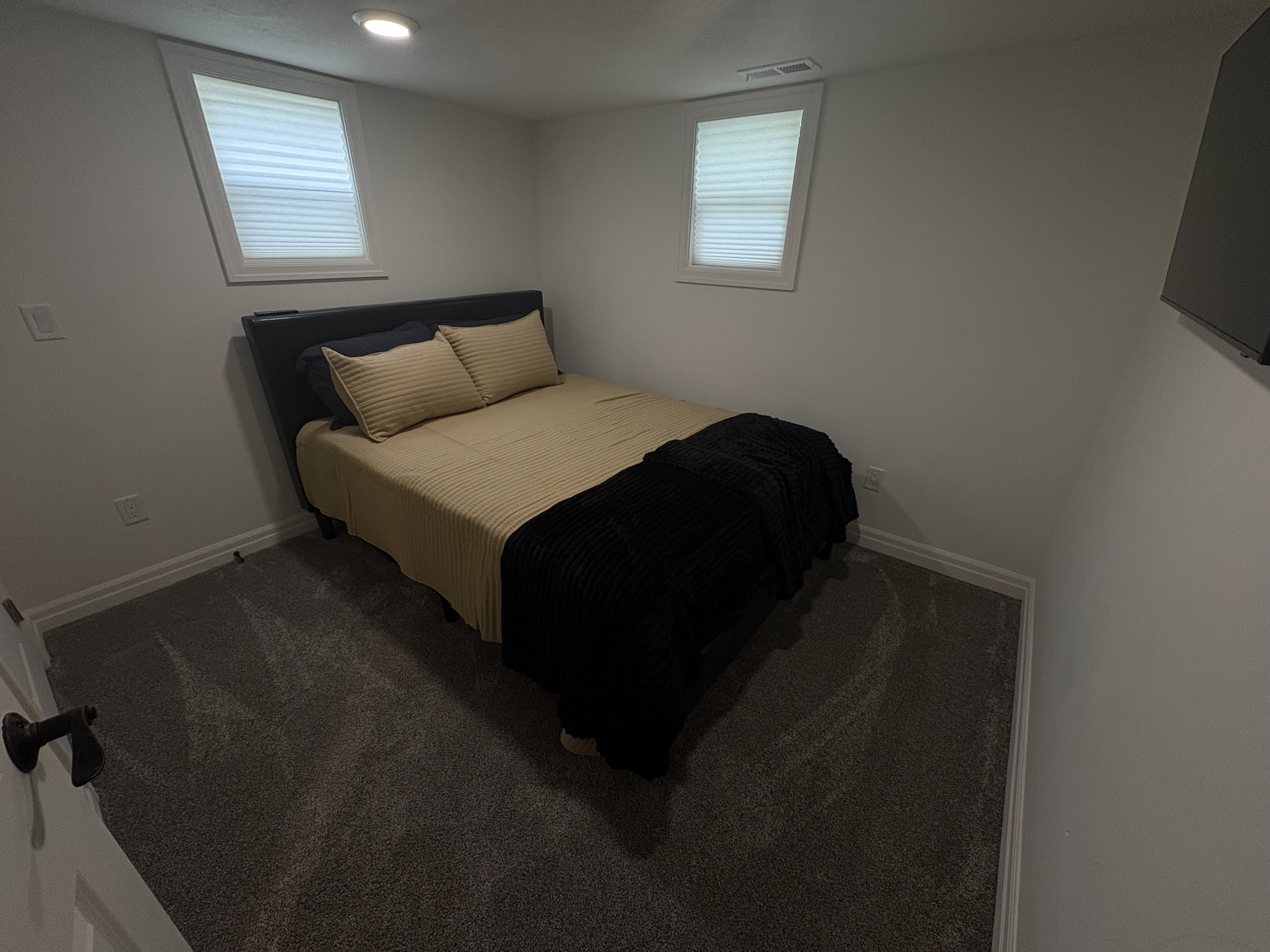 Bedroom with carpet flooring, multiple windows, and recessed lighting