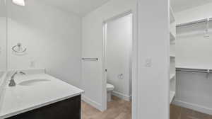 Full bathroom featuring a walk in closet and vanity