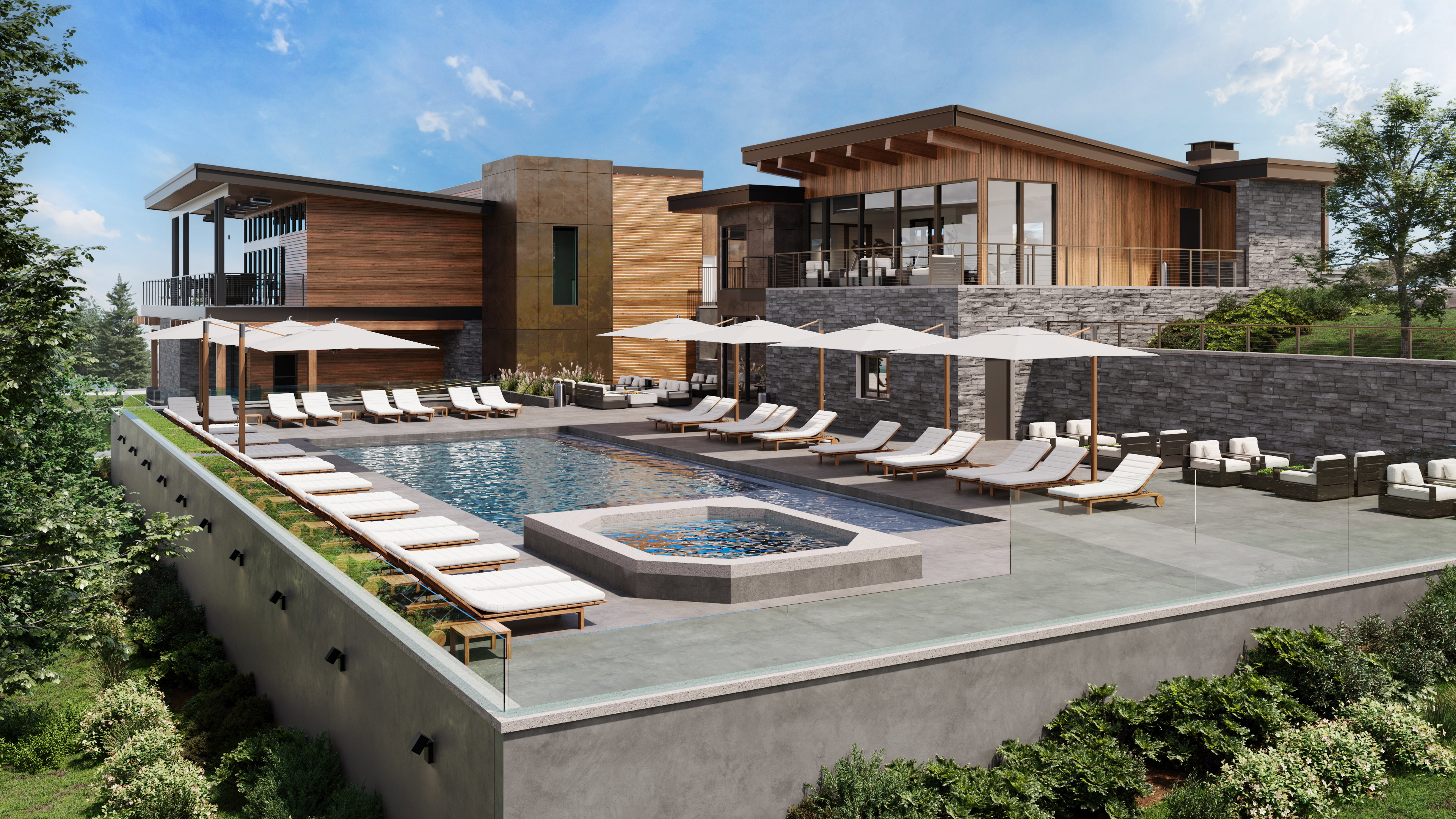 Rear view of property with a community pool, a patio area, an outdoor living space with a fire pit, and stone siding