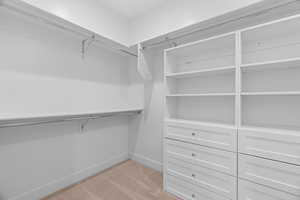 Walk in closet with light colored carpet