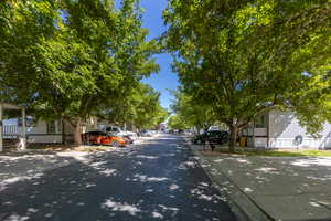 View of asphalt street with a residential view and curbs