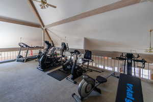 Exercise area featuring ceiling fan, carpet, and vaulted ceiling