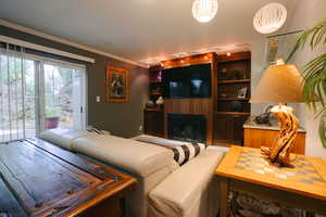 Living room featuring a large fireplace, crown molding, and built in features