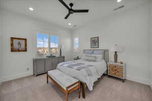 Bedroom featuring light carpet, recessed lighting, and ceiling fan