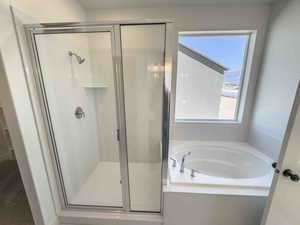 Bathroom featuring a garden tub and a shower stall