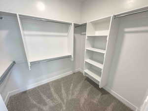 Walk in closet featuring dark carpet
