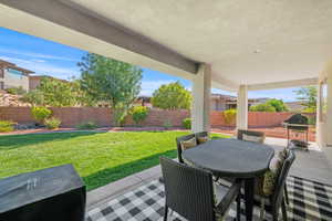 Fenced backyard featuring a patio area and outdoor dining space