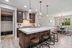 Kitchen featuring dark brown cabinets, appliances with stainless steel finishes, pendant lighting, open floor plan, quartz countertops, and a kitchen island with sink