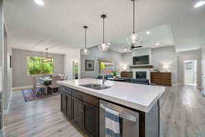 Kitchen with stainless steel dishwasher, light wood-type flooring, recessed lighting, a glass covered fireplace, and decorative light fixtures
