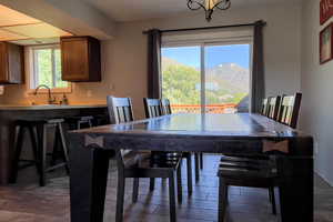 Dining room with a mountain view