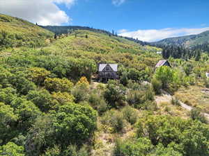 Front view of subject property featuring a forest and a mountain backdrop