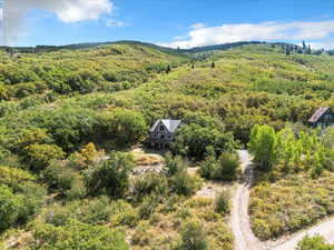 Aerial view of property and surrounding area featuring a forest