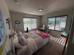 Bedroom with a textured ceiling and carpet