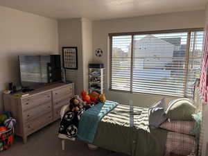 Bedroom with carpet and a textured ceiling