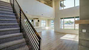 Staircase featuring wood finished floors and a high ceiling