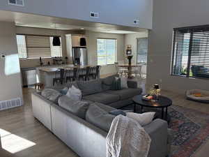 Living room featuring wood finished floors and a high ceiling