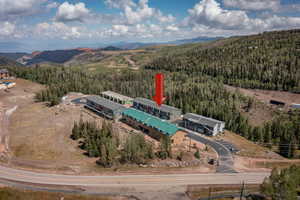 Aerial view of property's location featuring a forest and a mountain backdrop