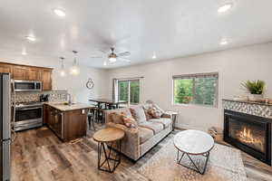 Living area featuring plenty of natural light, dark wood-type flooring, a tile fireplace, recessed lighting, and ceiling fan
