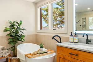 Bathroom with vanity, a freestanding tub, tiled shower, and a wainscoted wall