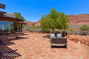 View of patio featuring a mountain view
