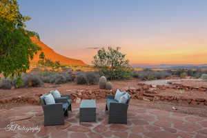 View of patio / terrace featuring a mountain view