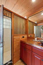 Full bathroom with plenty of natural light, vanity, wood walls, wood ceiling, and a shower stall